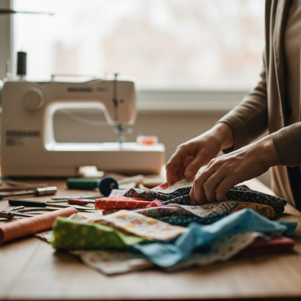 Close-up shot of hands sorting through a pile of colorful fabric scraps on a wooden table. Natural light streams in from a window, highlighting the textures and patterns of the materials. Soft bokeh in the background reveals a sewing machine and various crafting tools.