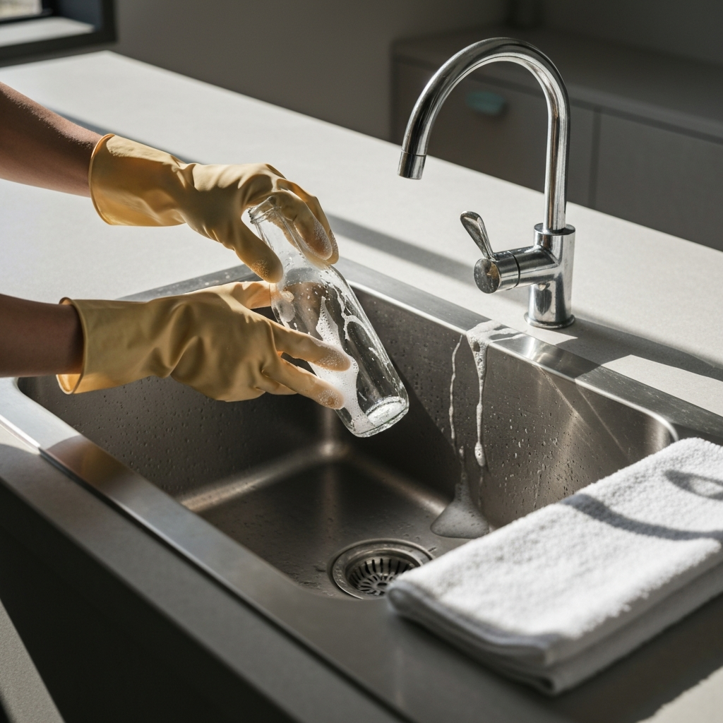 Hands wearing rubber gloves scrubbing a glass bottle in a stainless steel sink. Sunlight reflects off the soapy water. A clean, white towel is laid out nearby.