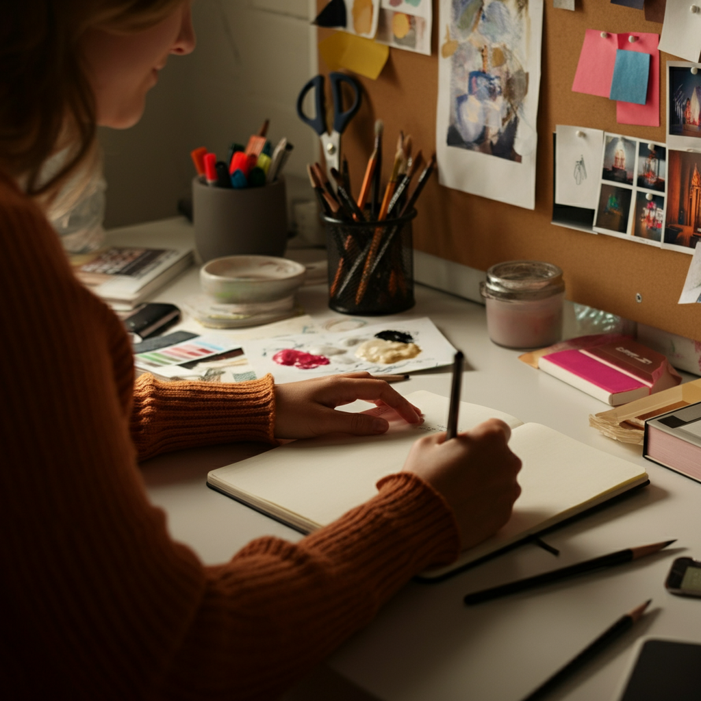 A person sitting at a desk sketching in a notebook. The desk is cluttered with art supplies, including pencils, markers, and paintbrushes. A mood board with various images and color swatches is visible in the background.