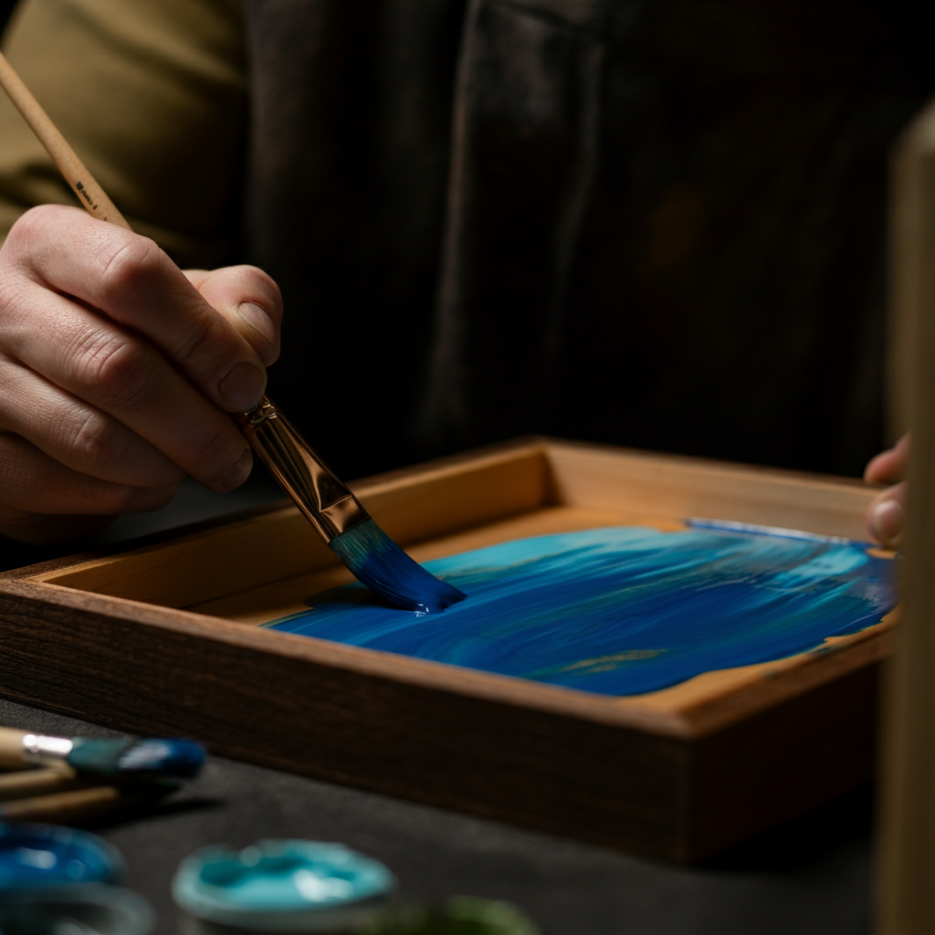 Hands carefully painting a wooden box with a vibrant blue paint. The brushstrokes are smooth and even. Golden hour lighting creates a warm, inviting atmosphere.