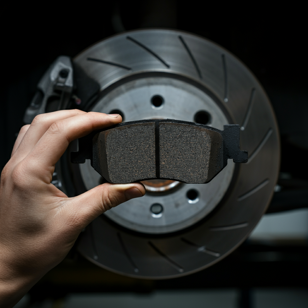 A mechanic's hand holding a worn brake pad up to the light, revealing the thickness of the friction material, focus on the texture of the pad and the metallic brake rotor in the blurred background.