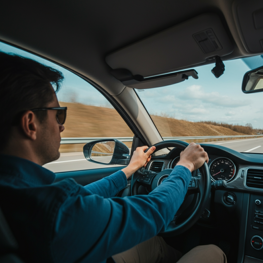 View from the driver's seat during a road test, focused on the road ahead and the side mirror, with the dashboard slightly blurred, sunny weather with clear visibility.