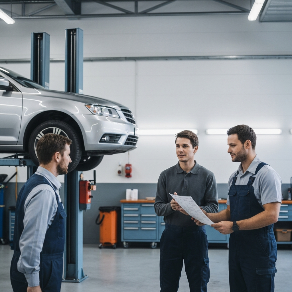 A clean and well-lit auto repair shop, featuring a car on a lift and a mechanic discussing a diagnostic report with a customer, focus on their faces and professional attire.
