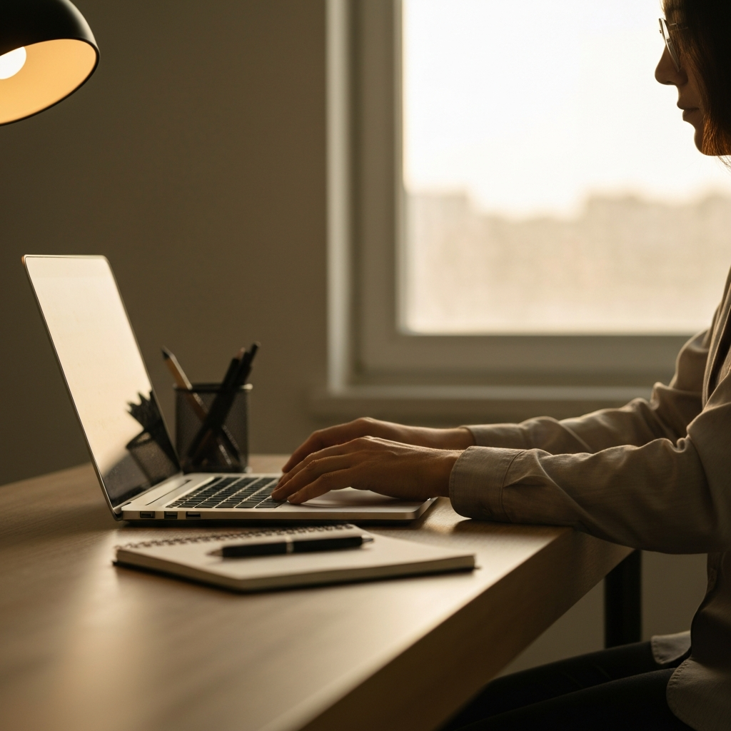 A softly lit home office with a person sitting at a clean wooden desk. Focus on their hands hovering over a laptop keyboard, bathed in the warm golden hour light filtering through a nearby window. A neatly organized notebook and pen rest beside the laptop.