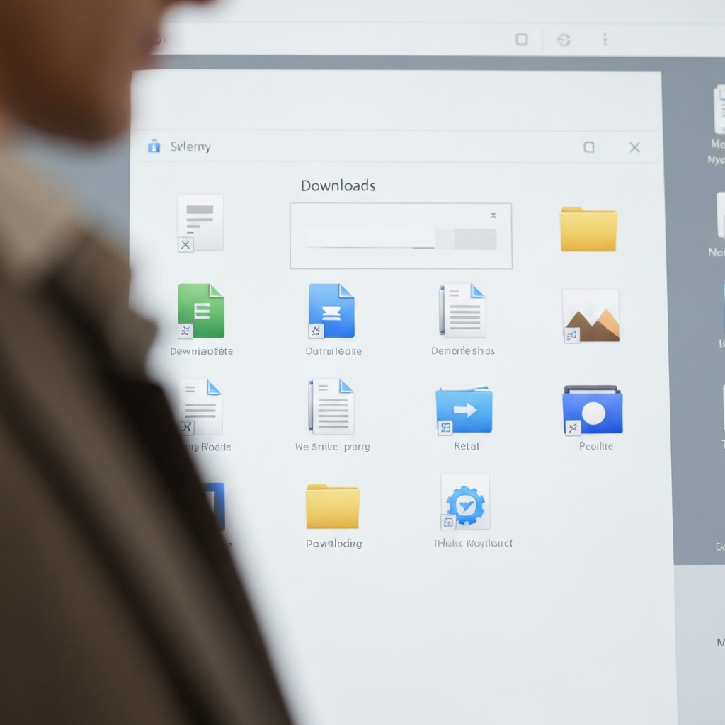 Close-up of a computer screen displaying a file explorer window. The focus is on the icons of various file types (documents, images, folders) arranged neatly within a "Downloads" folder. Side-lit textures accentuate the digital display.