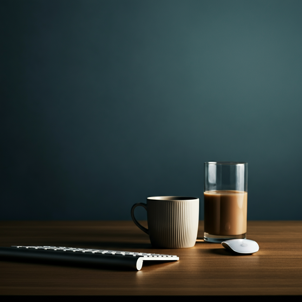 A minimalist computer desktop with only a few essential icons visible. The background is a calm, neutral color. Soft bokeh effect blurs the edges of the screen.