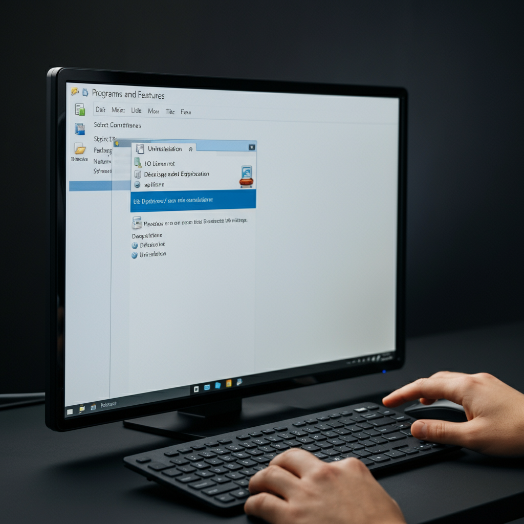 A person's hands navigating the "Programs and Features" window on a Windows computer, highlighting an application selected for uninstallation. The screen is clearly visible, with good lighting.