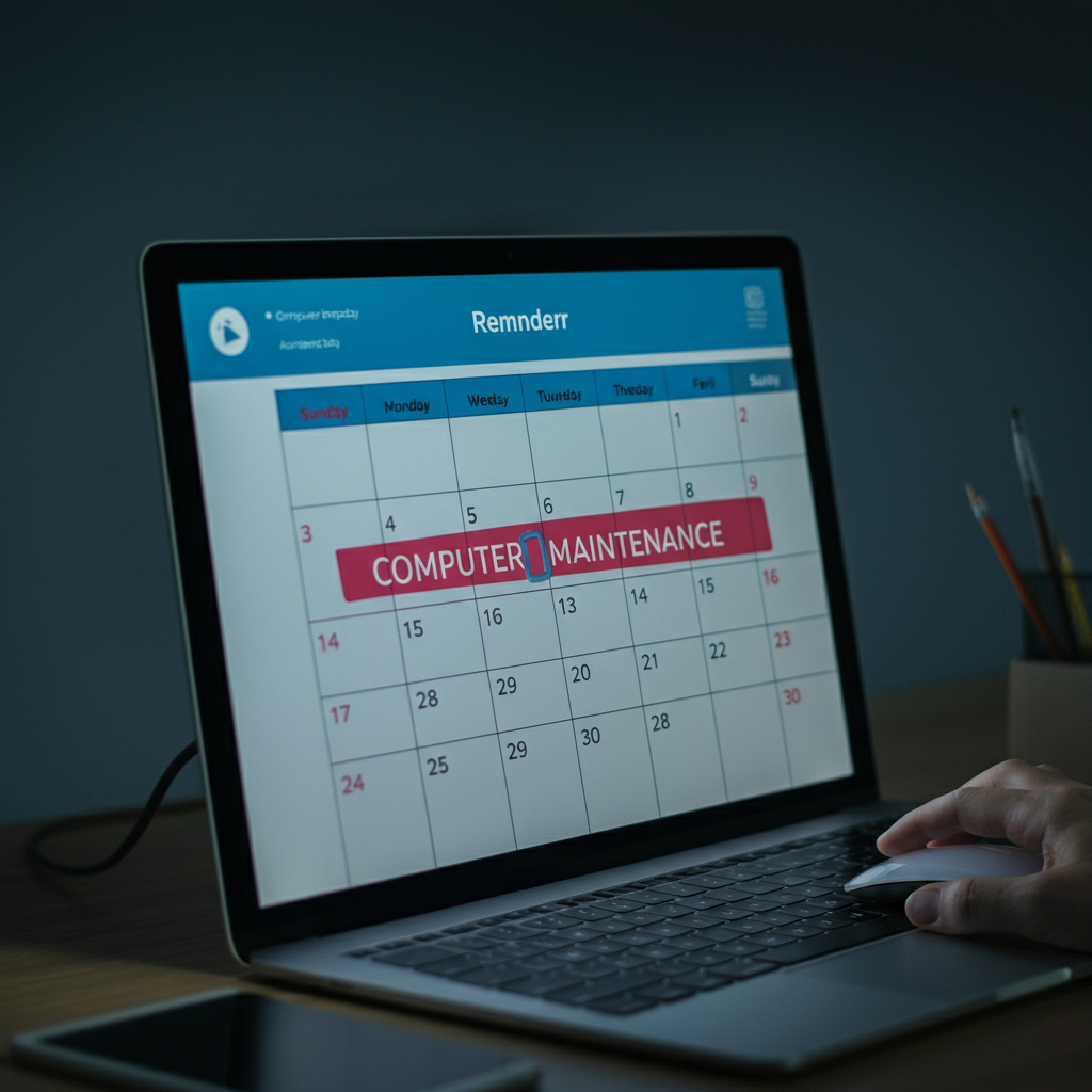 A calendar with a reminder highlighted for "Computer Maintenance." The calendar is displayed on a computer screen in a well-lit office environment.