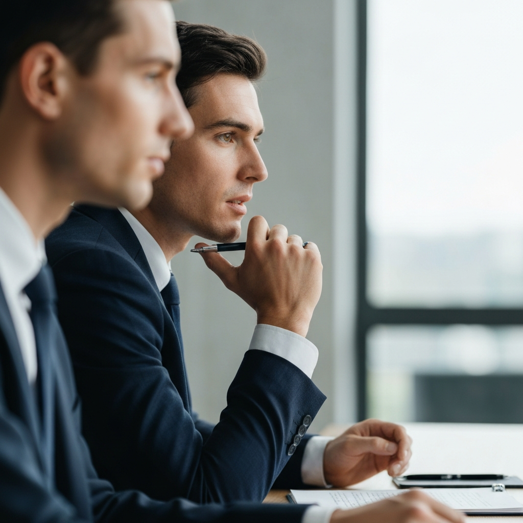 A close-up shot of two business professionals seated at a conference table, one intently listening to the other. The focus is on the listener's engaged expression and subtle nod of understanding. Soft, natural light illuminates their faces, with a shallow depth of field blurring the background.