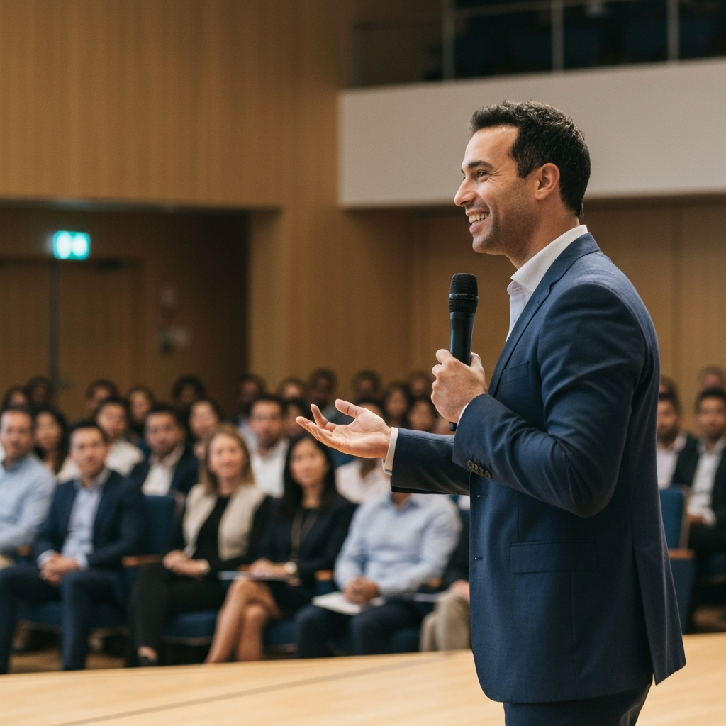 A medium shot of a presenter on a stage addressing a diverse audience. The presenter is smiling and gesturing confidently, with a microphone in hand. The lighting is bright and even, highlighting the speaker's face and body language. The background is a blurred auditorium filled with attentive listeners.
