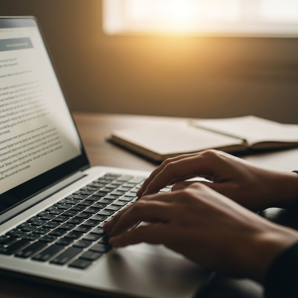 A close-up shot of hands typing on a laptop keyboard, with a document displayed on the screen. The lighting is soft and diffused, creating a comfortable and productive atmosphere. The focus is on the keyboard and the text on the screen, conveying the importance of precise and efficient writing.