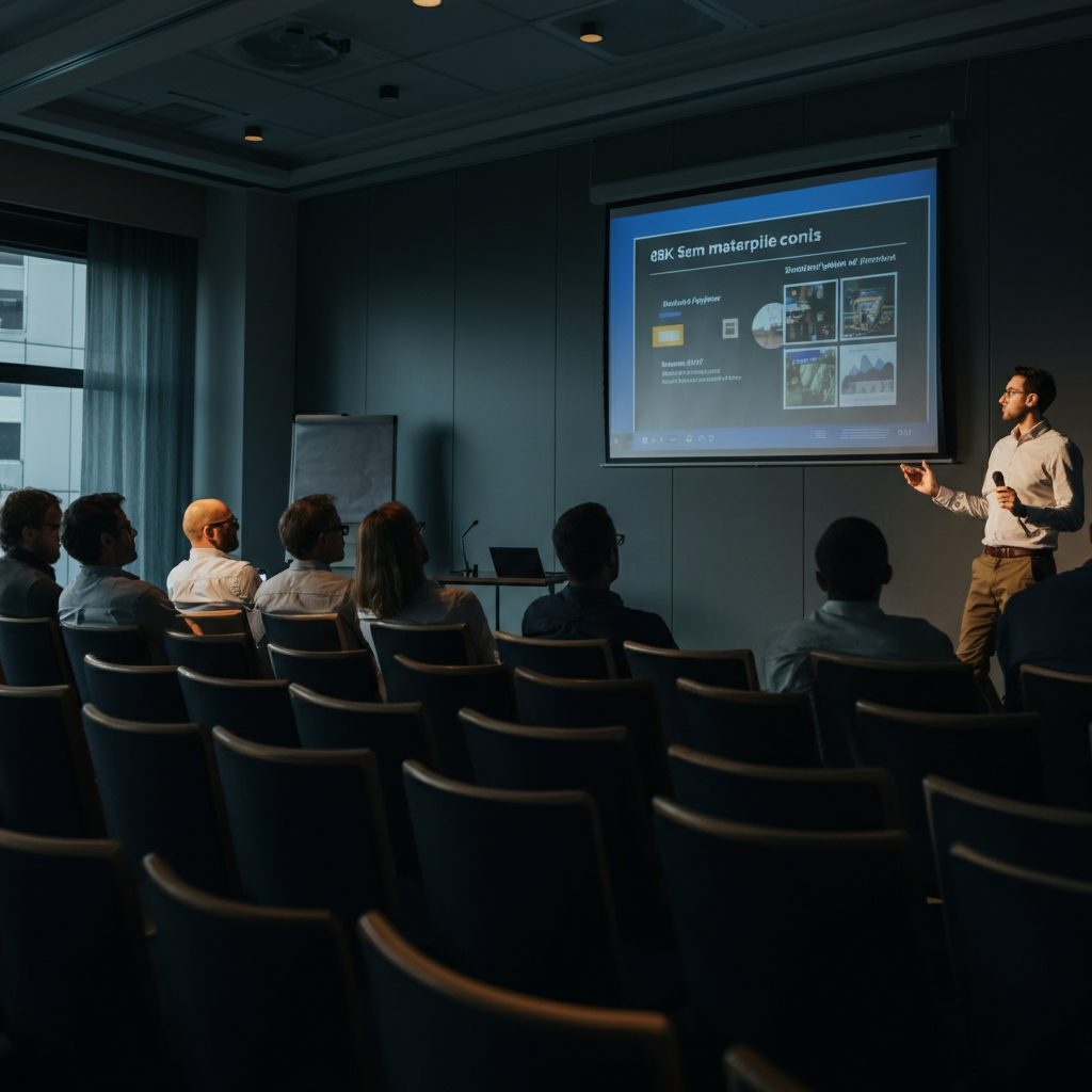 A wide shot of a conference room filled with attendees, all focused on a presenter standing near a large screen displaying a presentation slide. The room is well-lit, and the atmosphere is professional and engaging. The presenter is gesturing towards the screen, and the audience is attentively listening.
