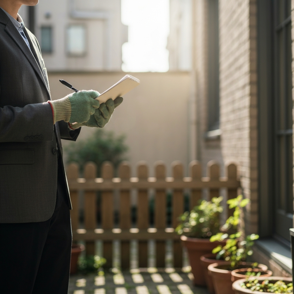 A person in gardening gloves stands in a small urban backyard, holding a notepad and pen. Soft, diffused sunlight bathes the scene. A small wooden fence and a few potted plants are visible in the background, blurred with shallow depth of field.