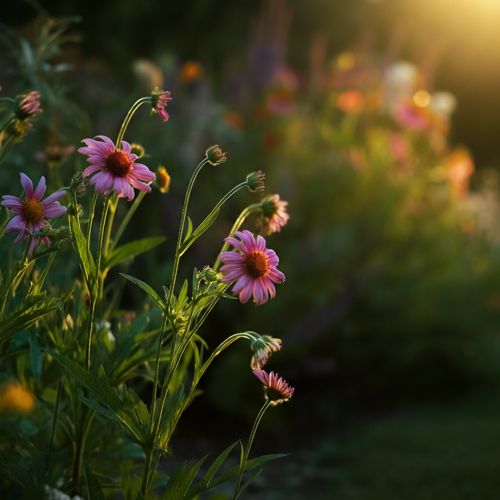 A side-lit view of a cluster of native wildflowers blooming in a garden. The flowers are vibrant colors, and the leaves have interesting textures. Soft bokeh in the background highlights the main subjects.