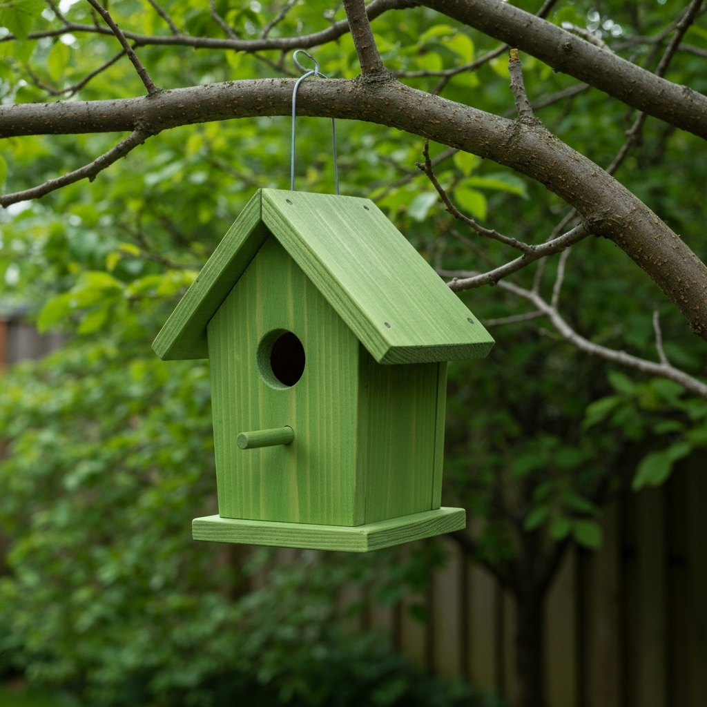 A handcrafted wooden birdhouse hangs from a tree branch in a backyard. The birdhouse is painted a natural green color and has a small perch. The background shows a green leafy tree, slightly blurred.