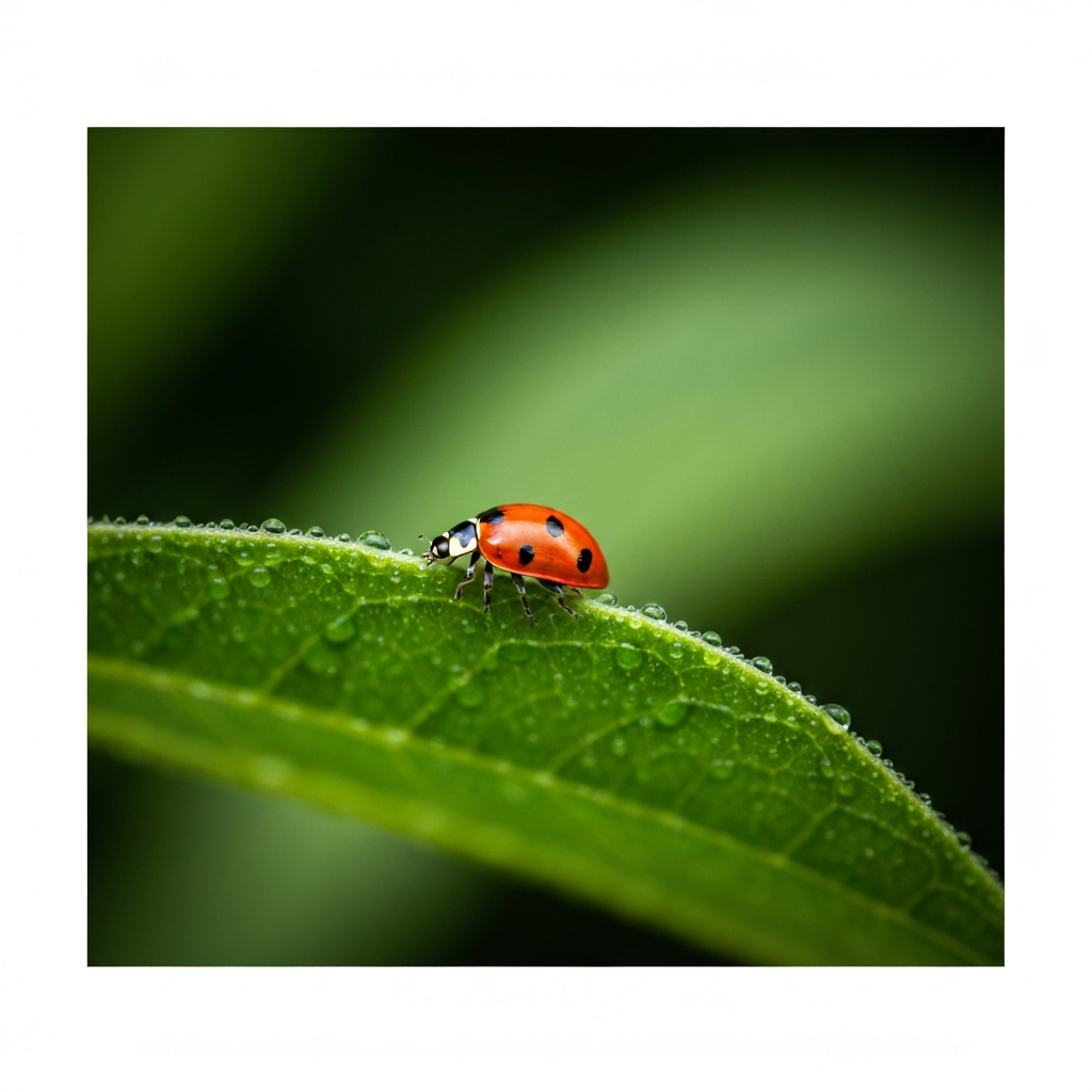 A macro shot of a ladybug crawling on a green leaf. The leaf is covered in tiny water droplets, and the background is a blurred green foliage.