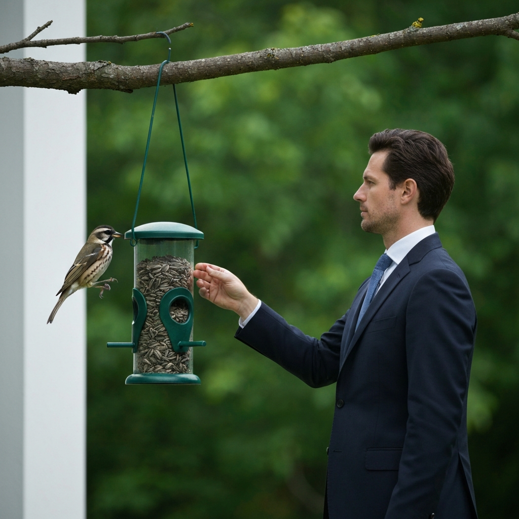 A bird feeder hanging from a tree branch, filled with sunflower seeds. A small songbird is perched on the feeder, eating the seeds. The background is a blurred green forest.