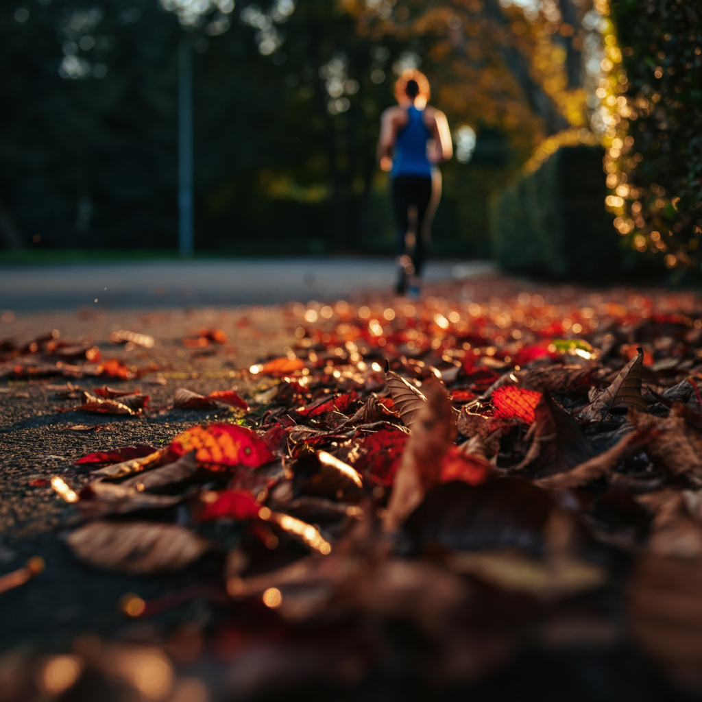 A close-up of fallen leaves covering the ground in a garden. The leaves are various shades of brown, red, and yellow. The texture of the leaves is emphasized by side lighting.