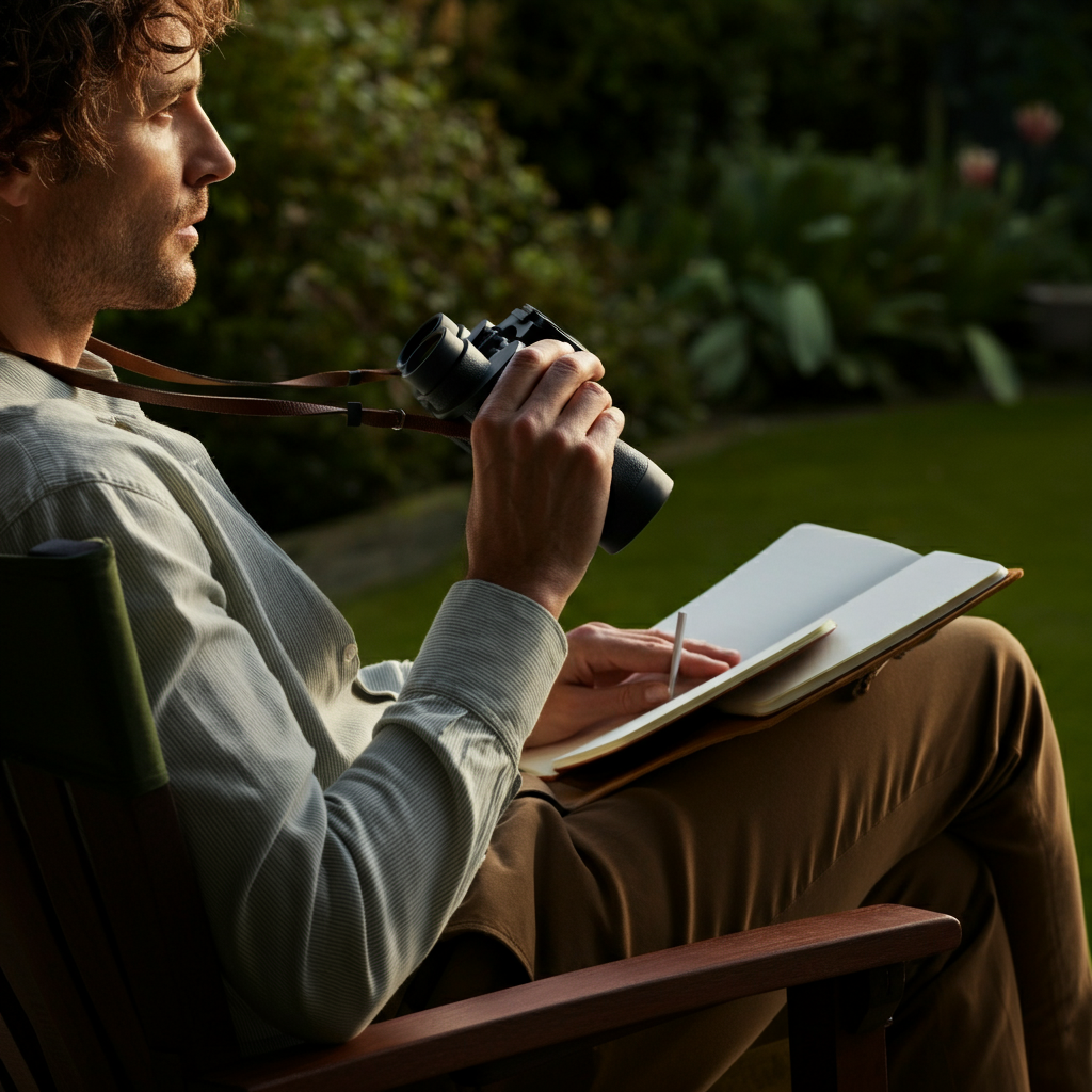 A person sitting on a patio chair, observing birds in their backyard. They are holding binoculars and a notebook. The scene is filled with natural light, and the background shows a lush green garden.