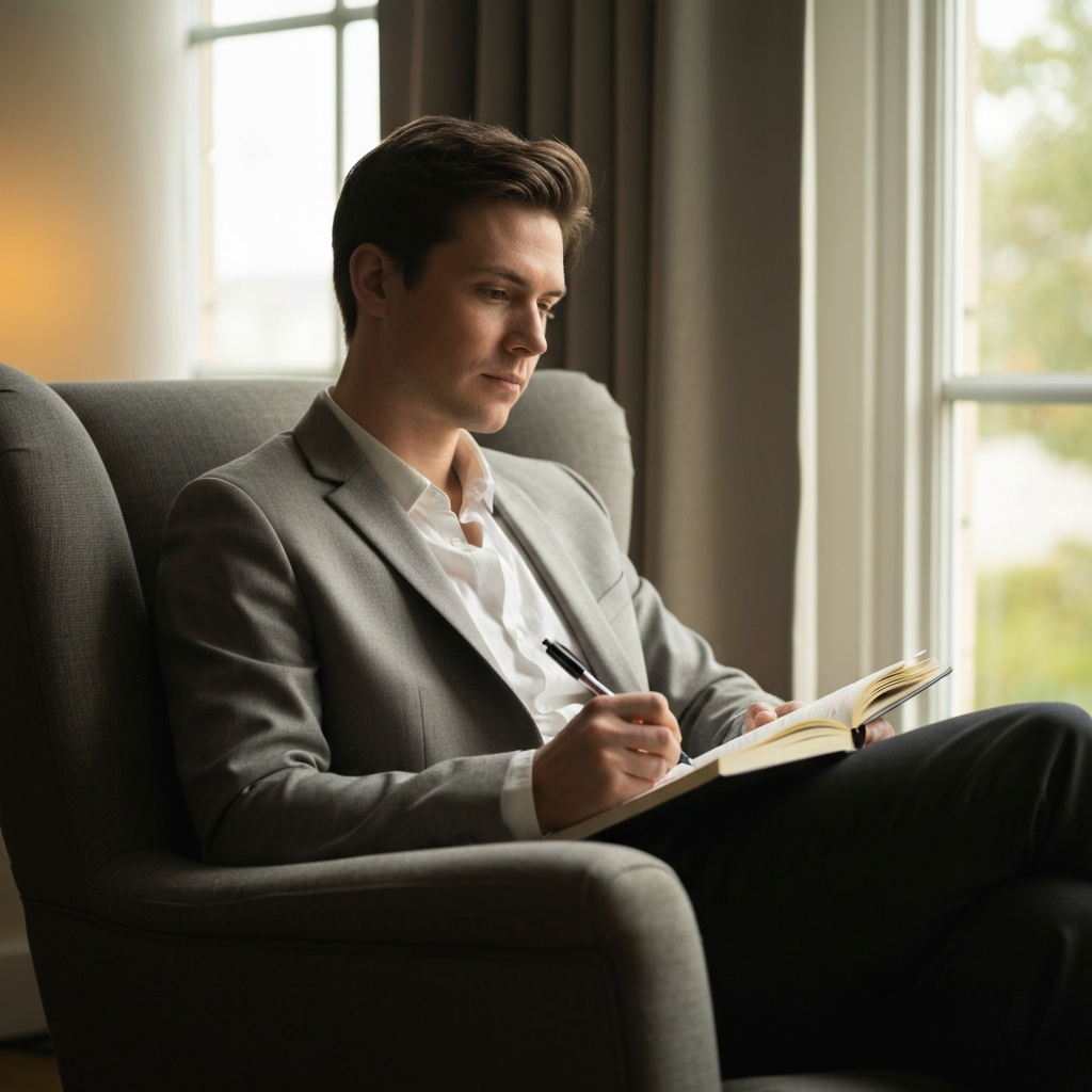 A person seated comfortably in an armchair, bathed in soft, natural light filtering through a window. They are writing in a journal, with a thoughtful expression on their face. The scene is shot with a shallow depth of field, blurring the background to emphasize the person's focus.