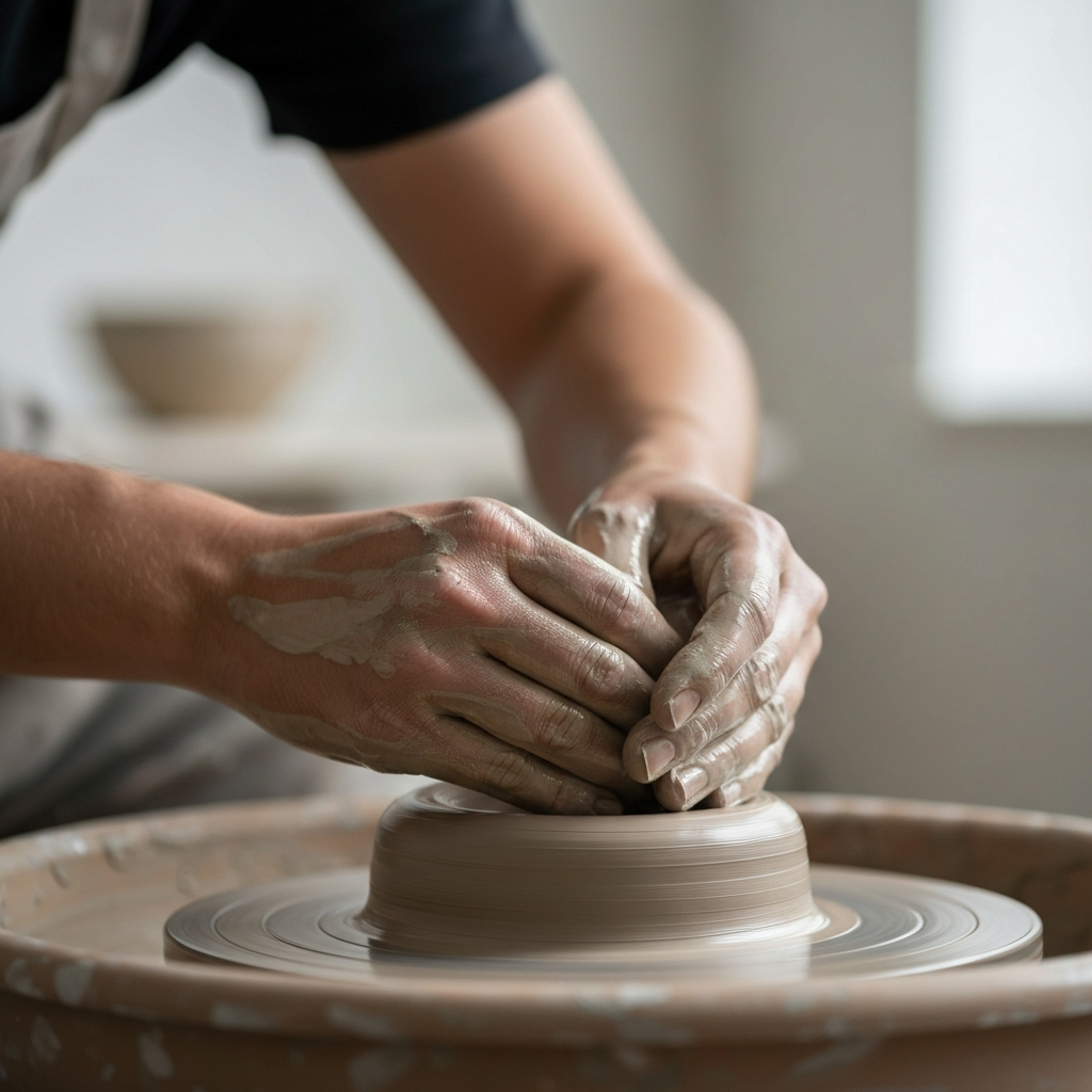 A close-up shot of hands covered in clay, shaping a pottery wheel. The lighting is soft and diffused, highlighting the texture of the clay and the intricate movements of the hands. Soft bokeh in the background creates a sense of depth and focus on the craft.