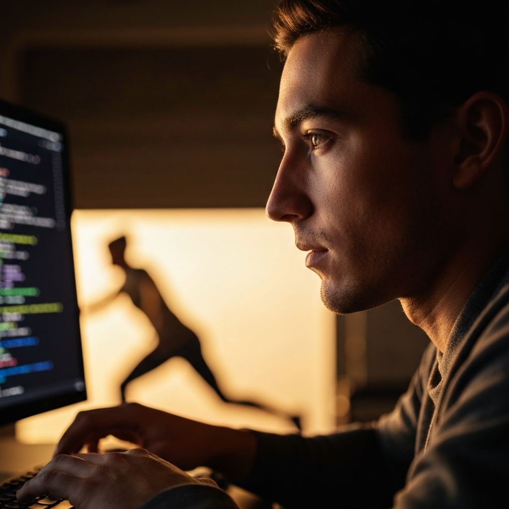 A side-lit portrait of a person working on a complex computer program. The lighting is focused on their face, showing concentration and determination. Code is visible on the screen, blurred in the background to maintain focus on the individual.