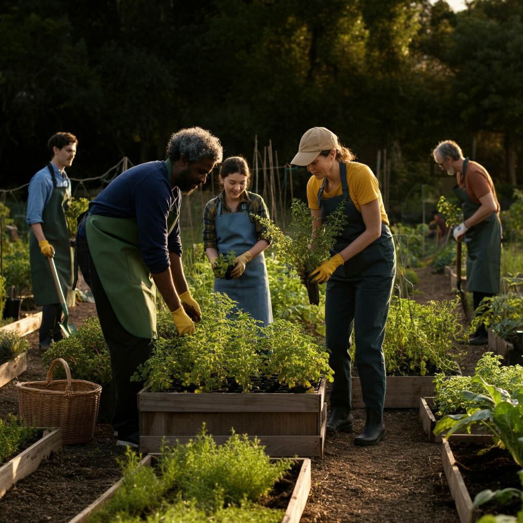 Golden hour lighting casts warm light over a community garden. People of diverse ages are tending to plants, with tools and baskets scattered around. The atmosphere is collaborative and cheerful, showcasing a sense of shared purpose.