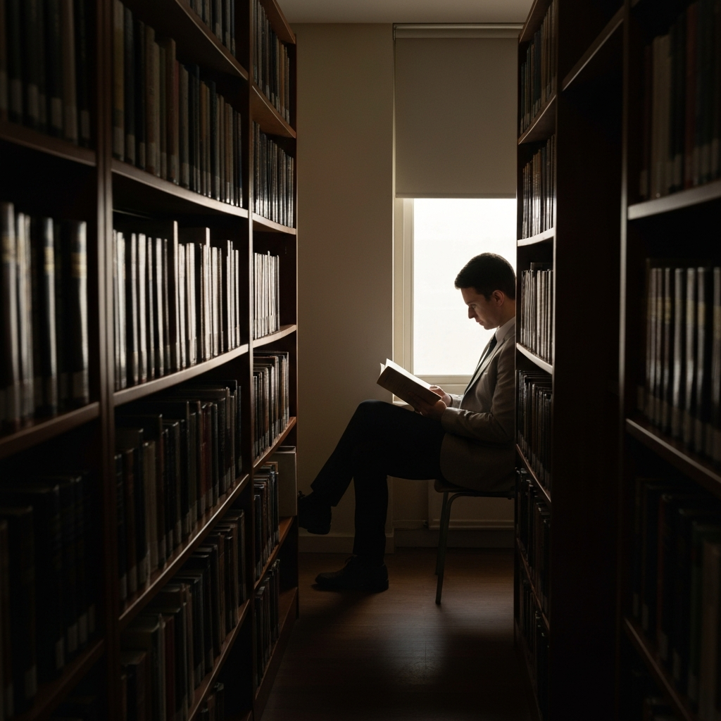 A dimly lit library, filled with rows of books. Soft light streams through a window, illuminating a person engrossed in reading. The textures of the books and the quiet atmosphere create a sense of learning and reflection.