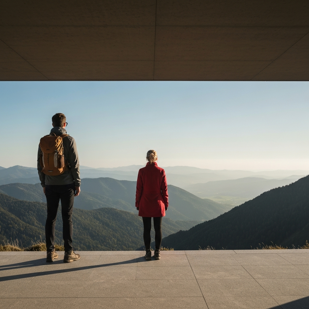 A person standing on a mountaintop, looking out at a vast landscape bathed in the soft light of dawn. The composition is wide, emphasizing the sense of freedom and perspective. The air appears crisp and clear, conveying a sense of renewal.