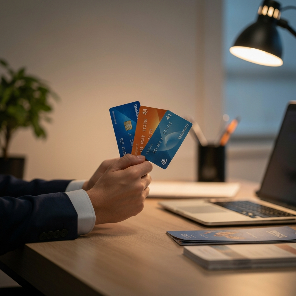 Close-up of a person's hands holding three different travel credit cards. Soft bokeh background of a well-organized desk with travel brochures and a laptop. Warm, diffused lighting.