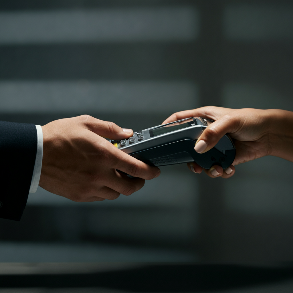 Hands holding a credit card swiping machine. The background is blurred to focus on the person's hand making the payment. The light is slightly cool and artificial.