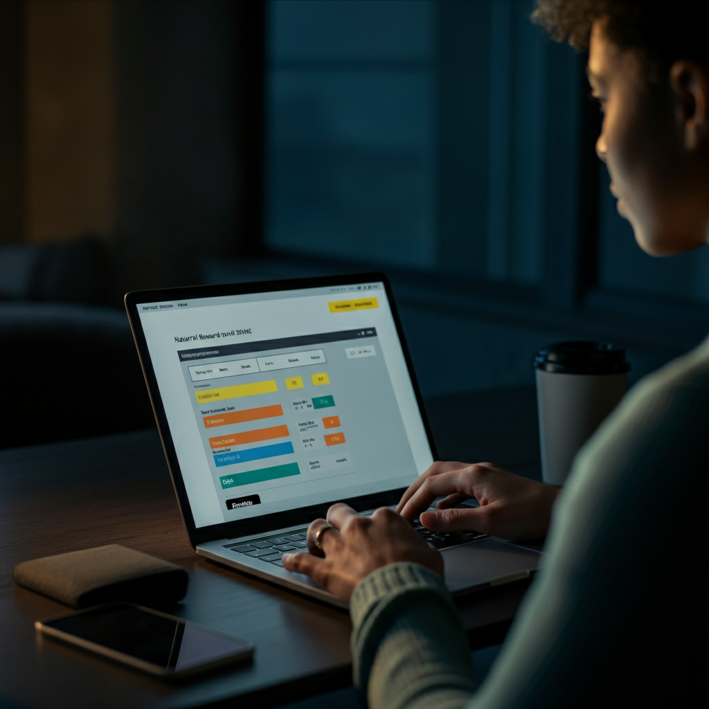 A person sitting at a laptop, focused on a screen displaying flight options and reward points balances. The lighting is from the screen, casting a soft glow on their face. Professional office setting.