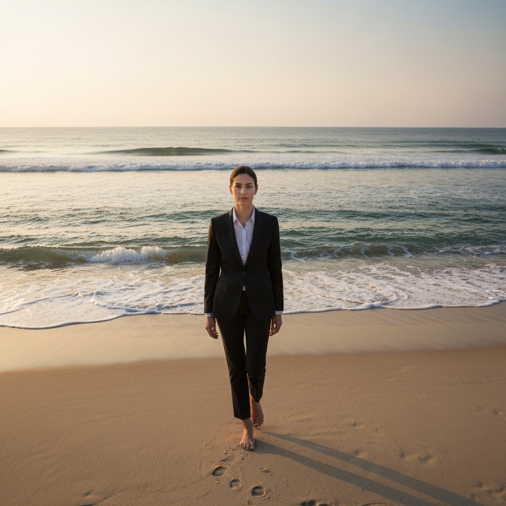 A deserted beach scene with soft golden hour lighting and gentle waves. The sand is clean and inviting. The scene evokes a sense of tranquility and solitude.