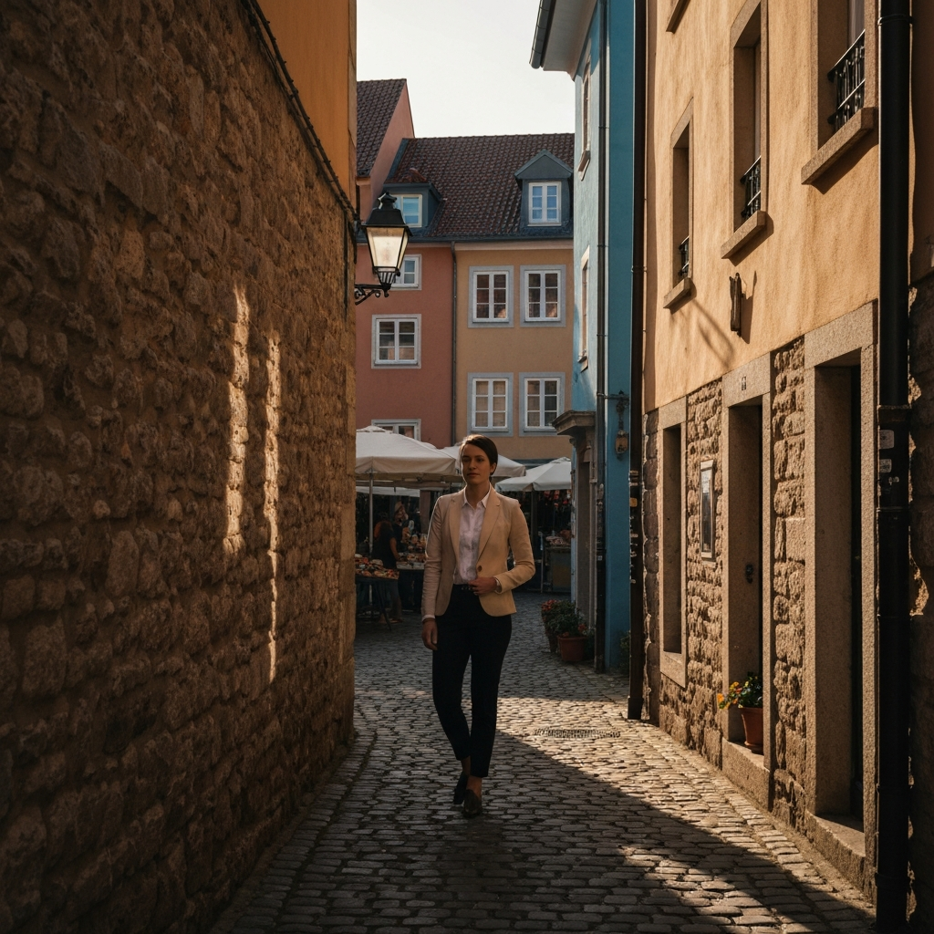 A small, charming European town with cobblestone streets and colorful buildings. Side-lit textures of the stone walls. A local market is visible in the background, adding to the atmosphere.