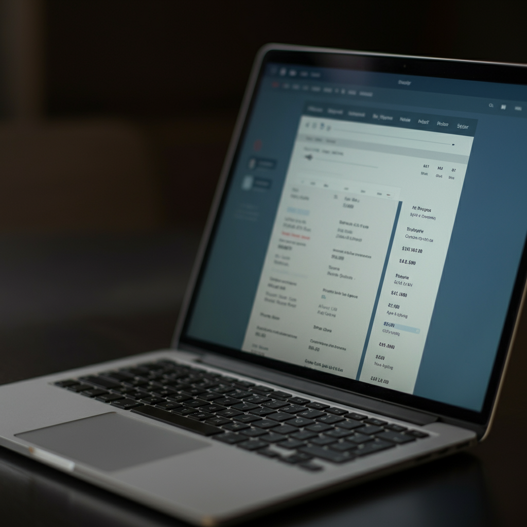 Close-up of a laptop screen displaying a flight search engine results page. The screen shows various flight options with different prices and airlines. The lighting is from the screen, illuminating the keyboard.