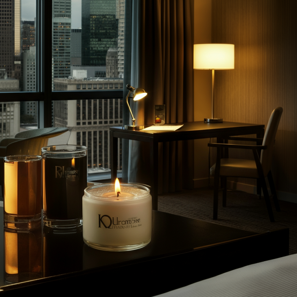 A hotel room with a view of the city skyline. The room is clean and modern, with a comfortable bed and a desk. Soft lighting from the bedside lamp.