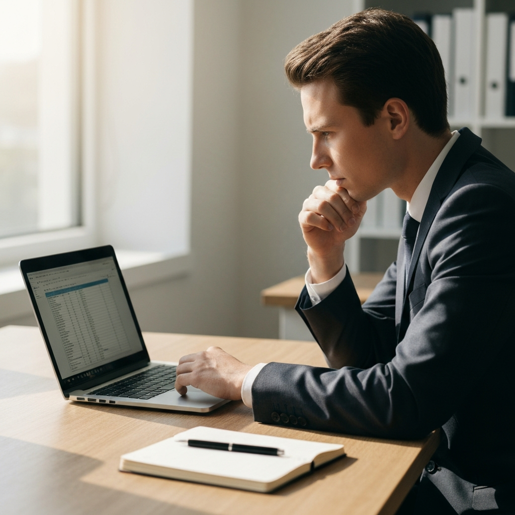 A brightly lit office space. A person sits at a clean desk with a laptop, pen, and notebook. They are thoughtfully reviewing a digital spreadsheet on the laptop screen, their brow slightly furrowed in concentration. Natural light floods the room, highlighting the texture of the wooden desk.