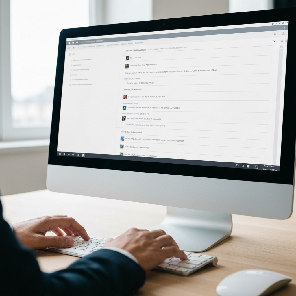 Close-up shot of a computer screen displaying an email inbox. Soft focus on the background, emphasizing the crisp text of the email subject lines. Hands typing on a keyboard are slightly blurred, suggesting activity and organization.