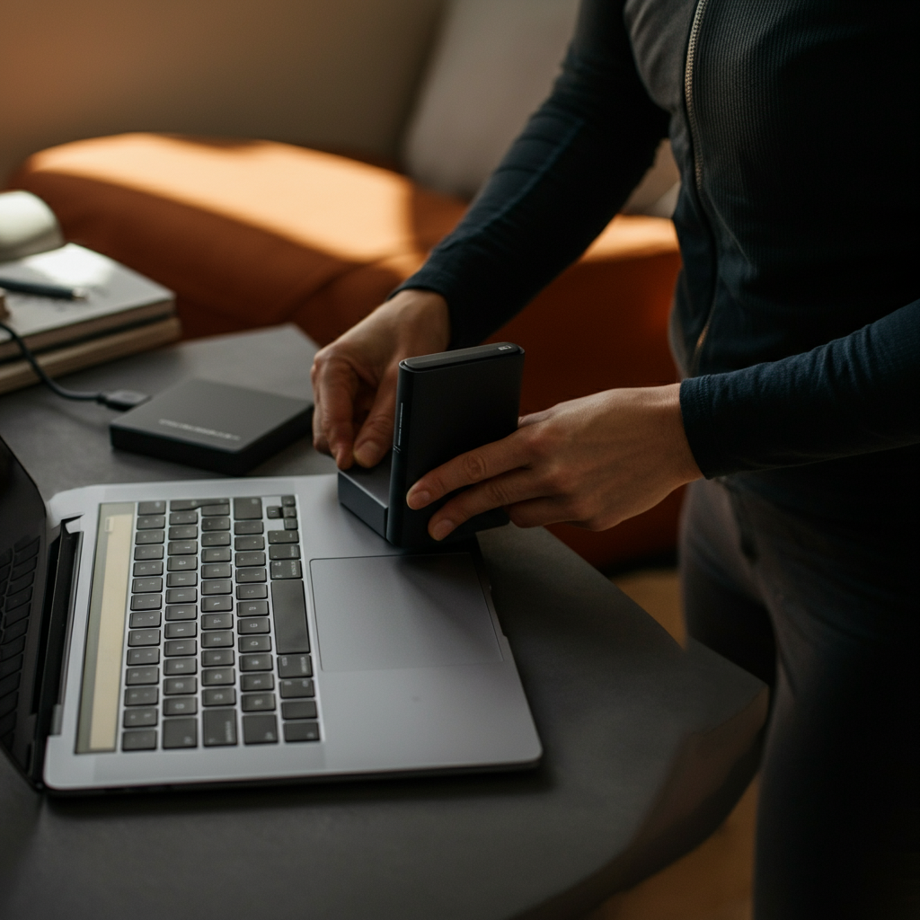 A person using an external hard drive to back up data. Warm indoor lighting with a shallow depth of field emphasizing the connection between the laptop and the drive. The person's hands are carefully connecting the devices, creating a sense of security and responsibility.