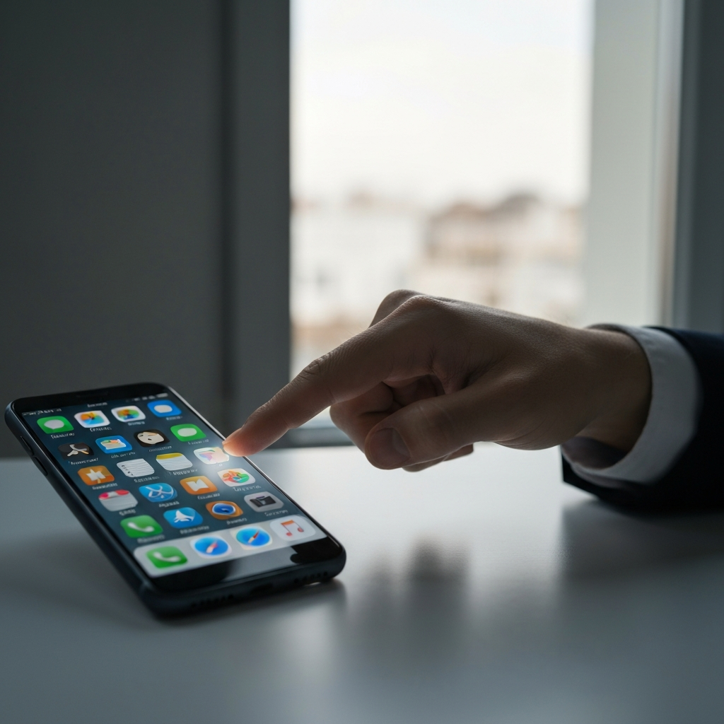 A person's hand hovering over a smartphone screen, about to delete an app icon. Soft morning light from a nearby window illuminates the phone. The person's expression suggests a decisive act of decluttering.