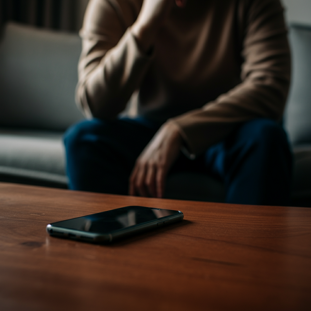 A person sitting comfortably on a couch, deliberately putting their phone down on a coffee table. The focus is on the phone resting on the wooden surface, symbolizing a conscious break from social media. Soft, diffused natural light filters through the curtains.