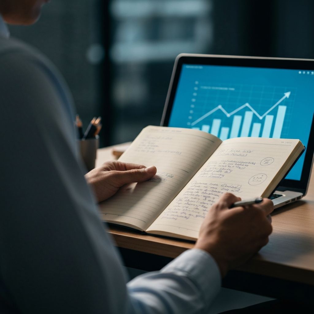 A close-up shot of a person's hands holding a notebook, illuminated by the soft glow of a laptop screen. The notebook has handwritten notes and doodles. The laptop screen displays a graph with upward trending lines, rendered in a calming blue hue. Soft bokeh in the background suggests a bustling but professional office environment.