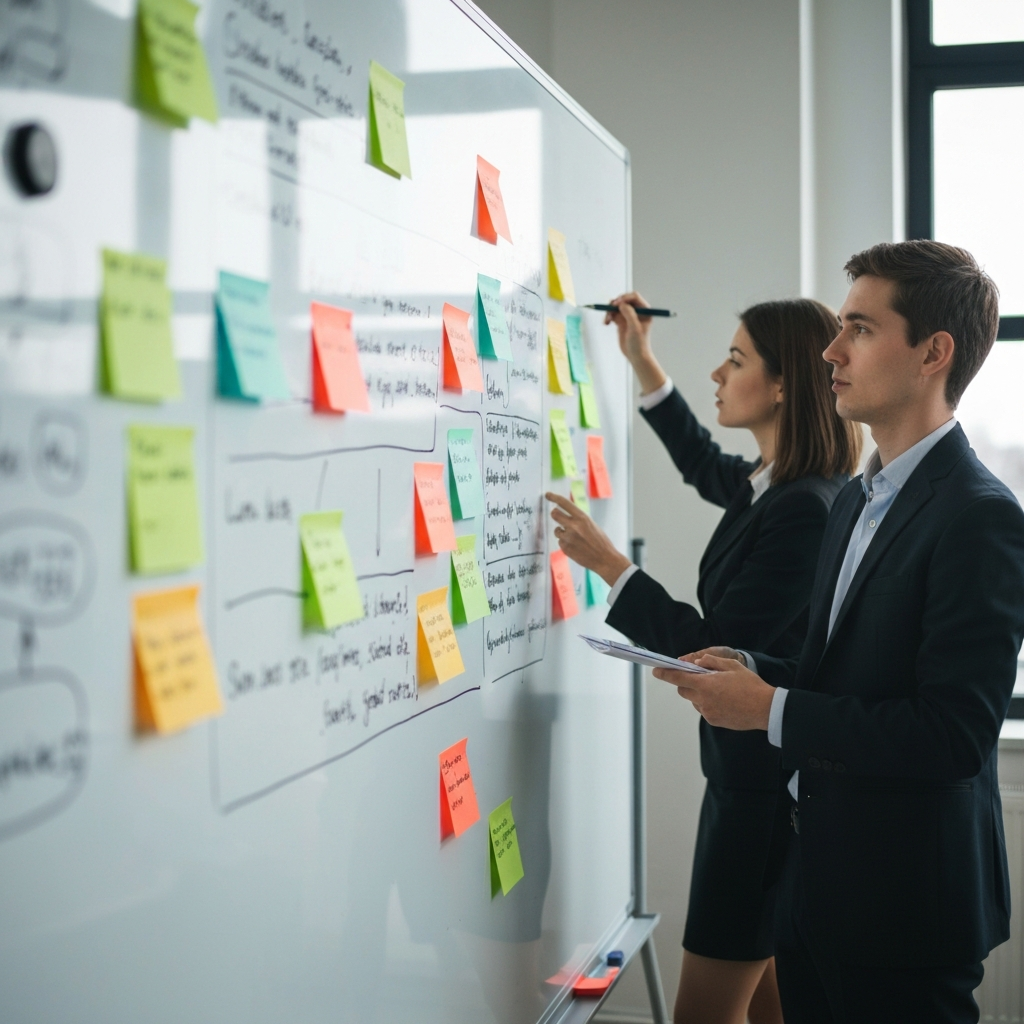 A side-lit shot of a whiteboard filled with colorful sticky notes and handwritten diagrams. The lighting emphasizes the textures of the whiteboard and the paper notes. The background is slightly blurred, suggesting a collaborative brainstorming session.