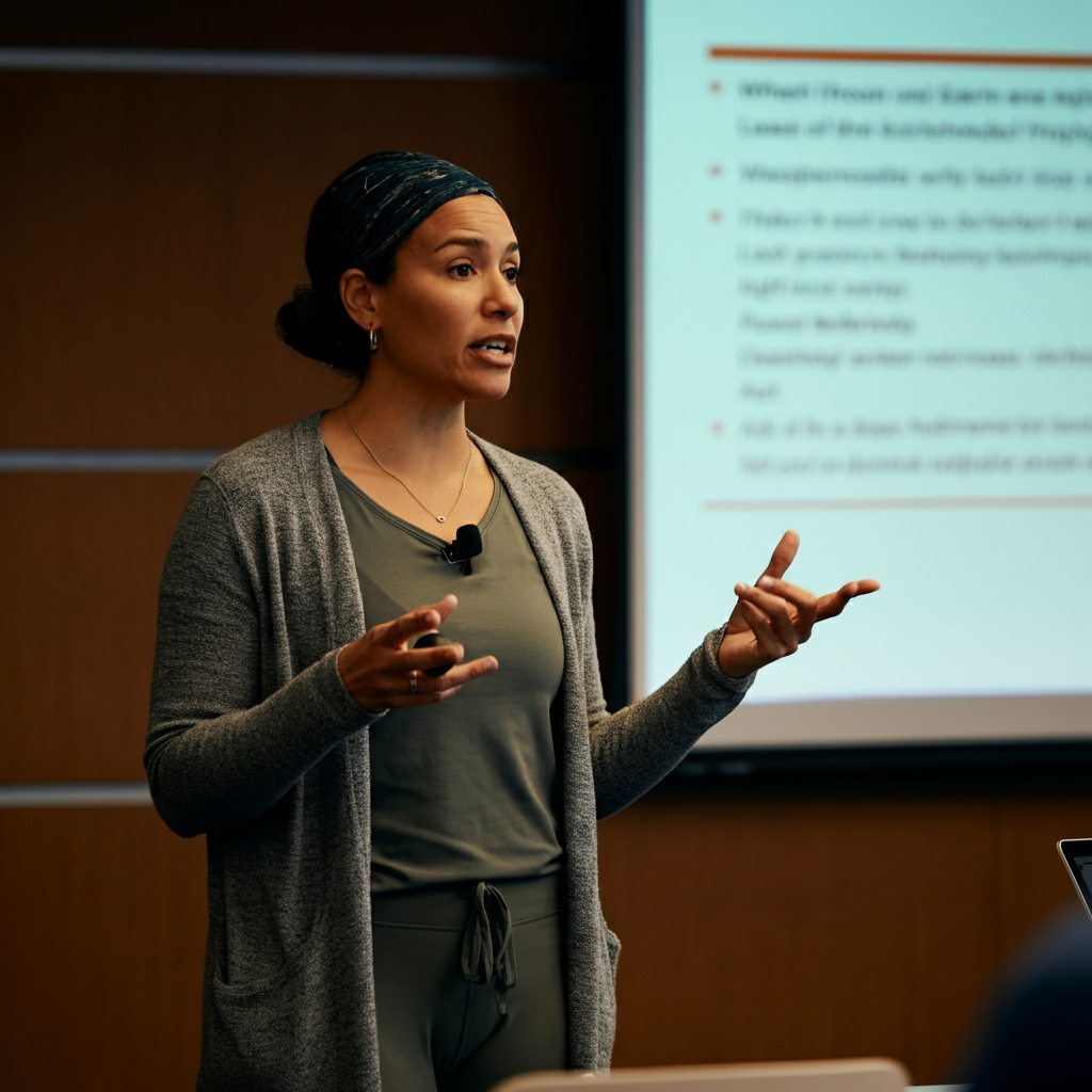A medium shot of a woman delivering a presentation in a conference room. She is gesturing with her hands, and a projection screen behind her displays a simple, clean slide with bullet points. The lighting is soft and even, highlighting her professional attire.