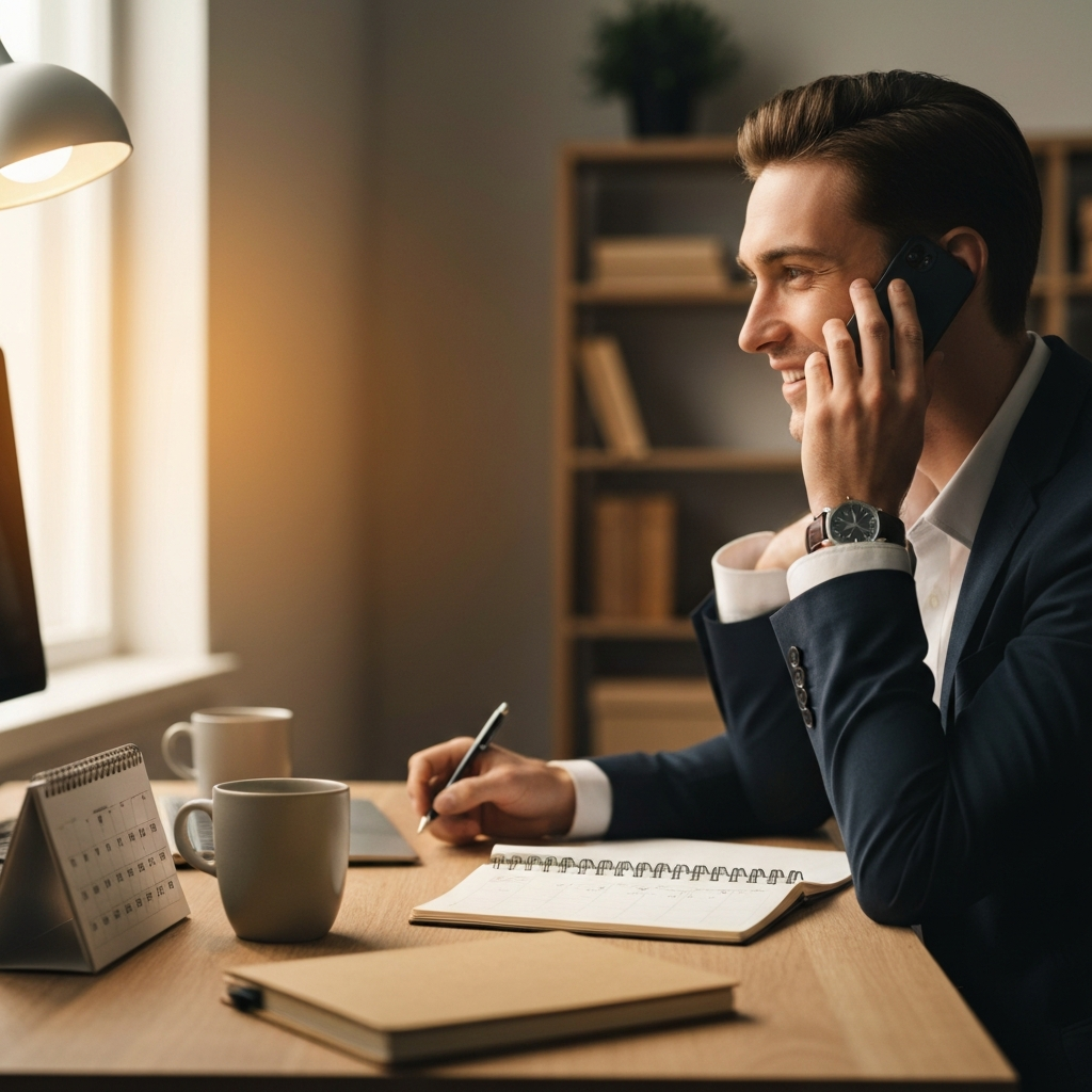A warmly lit desk scene featuring a person with a friendly smile, interacting with colleagues both in person and on a video call. The desktop features a neatly organized calendar, a ceramic coffee mug, and a well-worn notebook. The light has a slight golden hue.