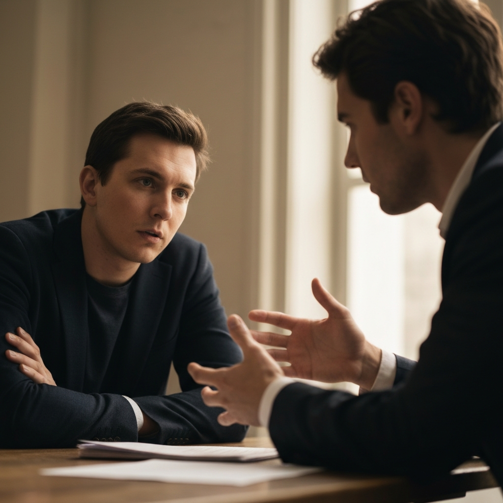 A low-angle shot of two individuals engaged in a thoughtful conversation at a table. Soft bokeh in the background obscures details, drawing focus to the speakers' expressions. One person is leaning forward attentively, while the other is gesturing with their hands. The lighting is diffused and warm.