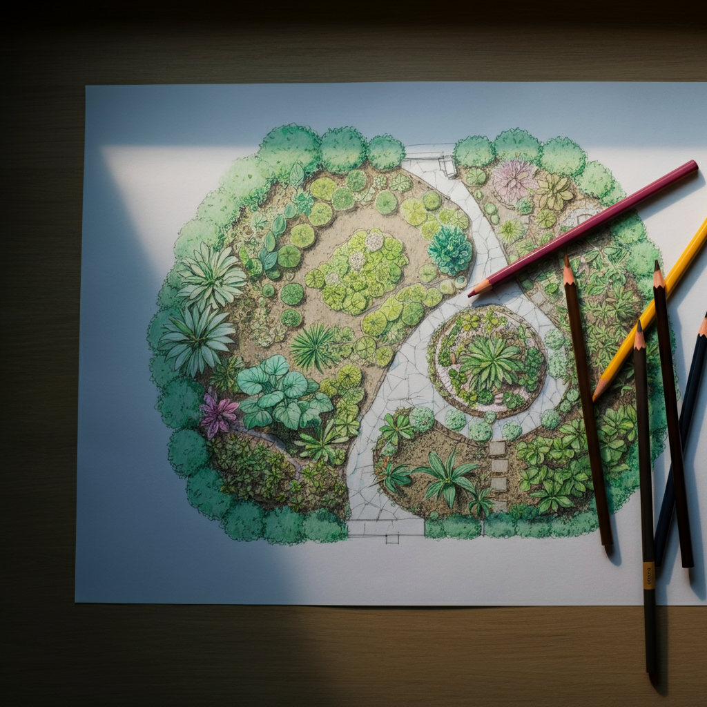 Overhead view of a meticulously drawn garden plan on graph paper, soft natural light coming from a nearby window, highlighting the various plant sections and pathways. A set of colored pencils lies beside the plan.