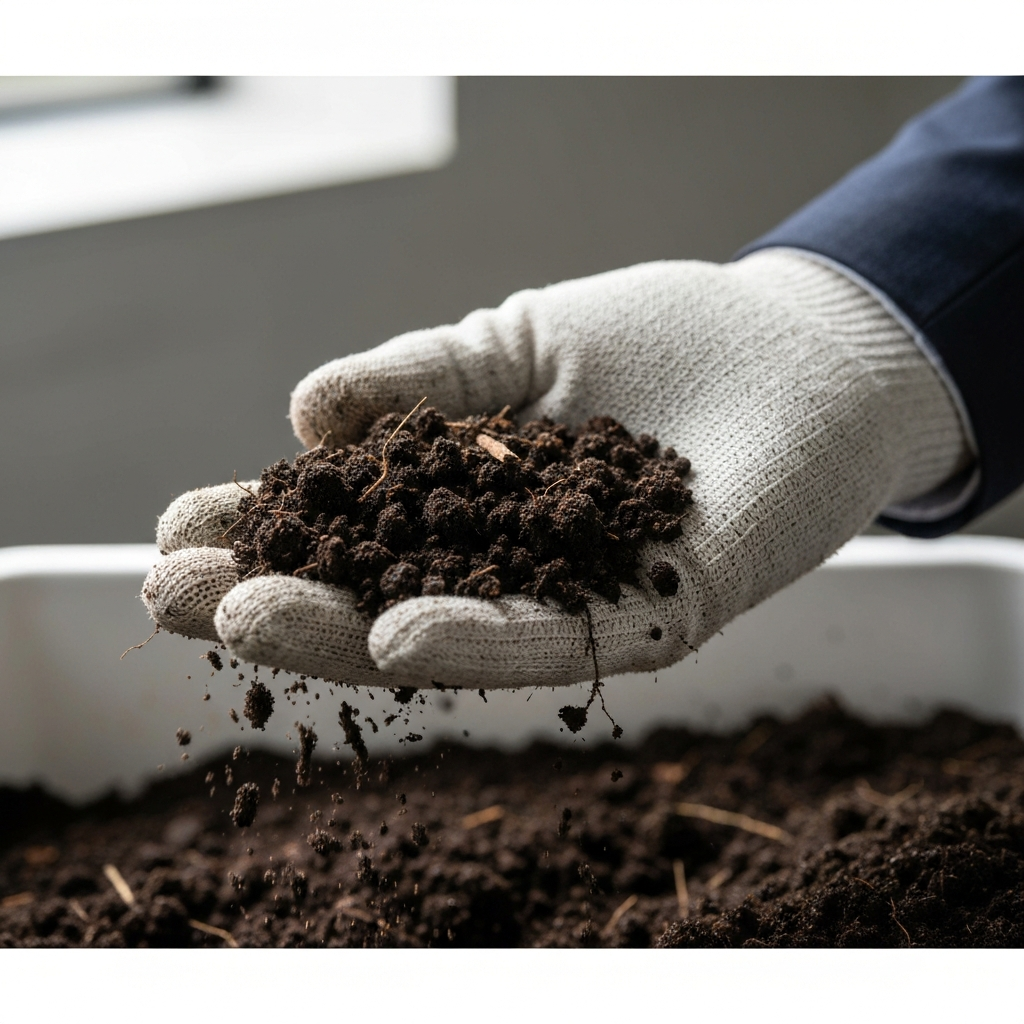 Close-up of rich, dark soil being sifted through a gloved hand. The soil is filled with visible organic matter, small pieces of bark, and earthworm castings. Soft, diffused lighting accentuates the soil's texture.