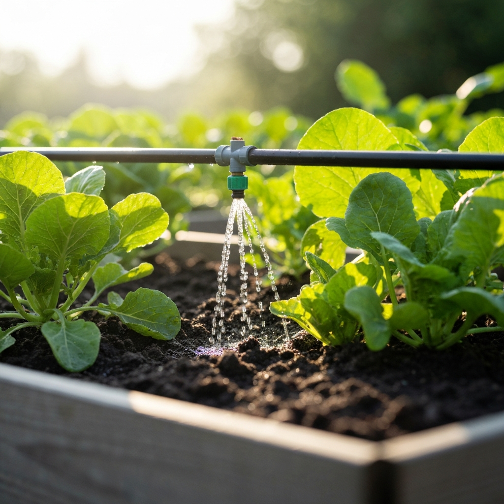 A drip irrigation system installed in a raised garden bed filled with vegetables. Close-up on the emitters releasing water directly at the base of the plants. Backlit by the sun, creating a soft, ethereal glow.