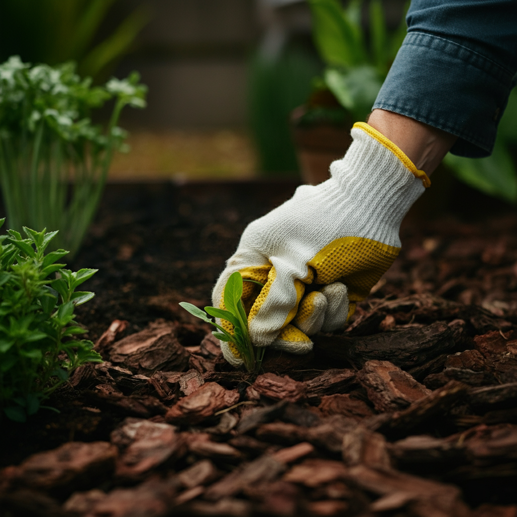 A gloved hand gently pulling a small weed from a mulched garden bed. The mulch is made of shredded bark, and the surrounding plants are healthy and vibrant. Soft focus on the background.